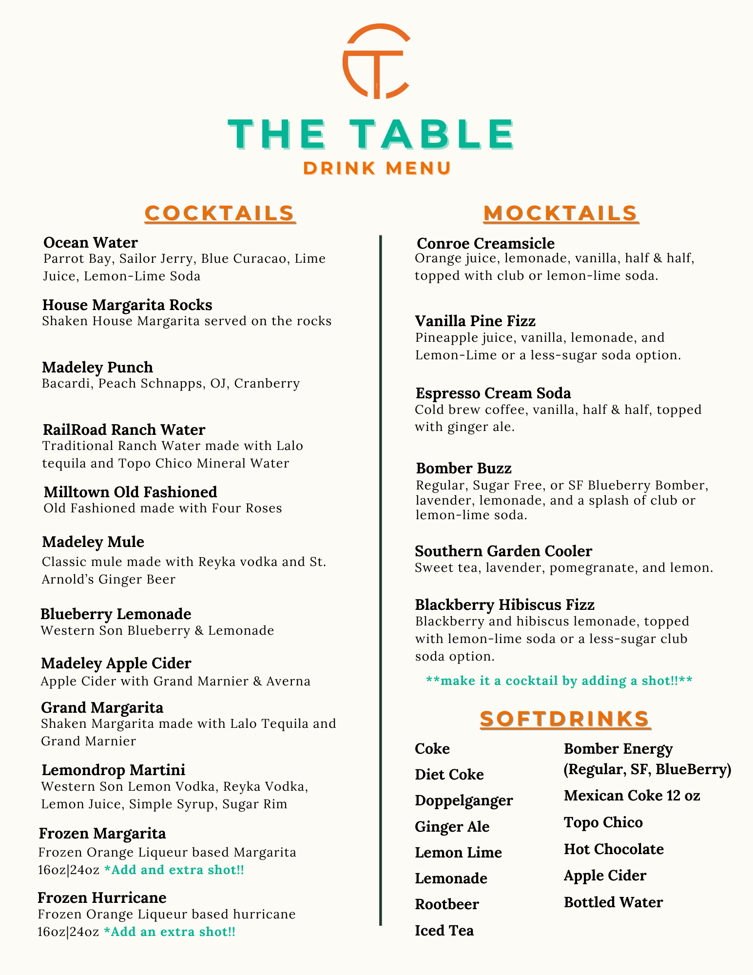Cocktail menu at Conroe Table in Conroe, Texas