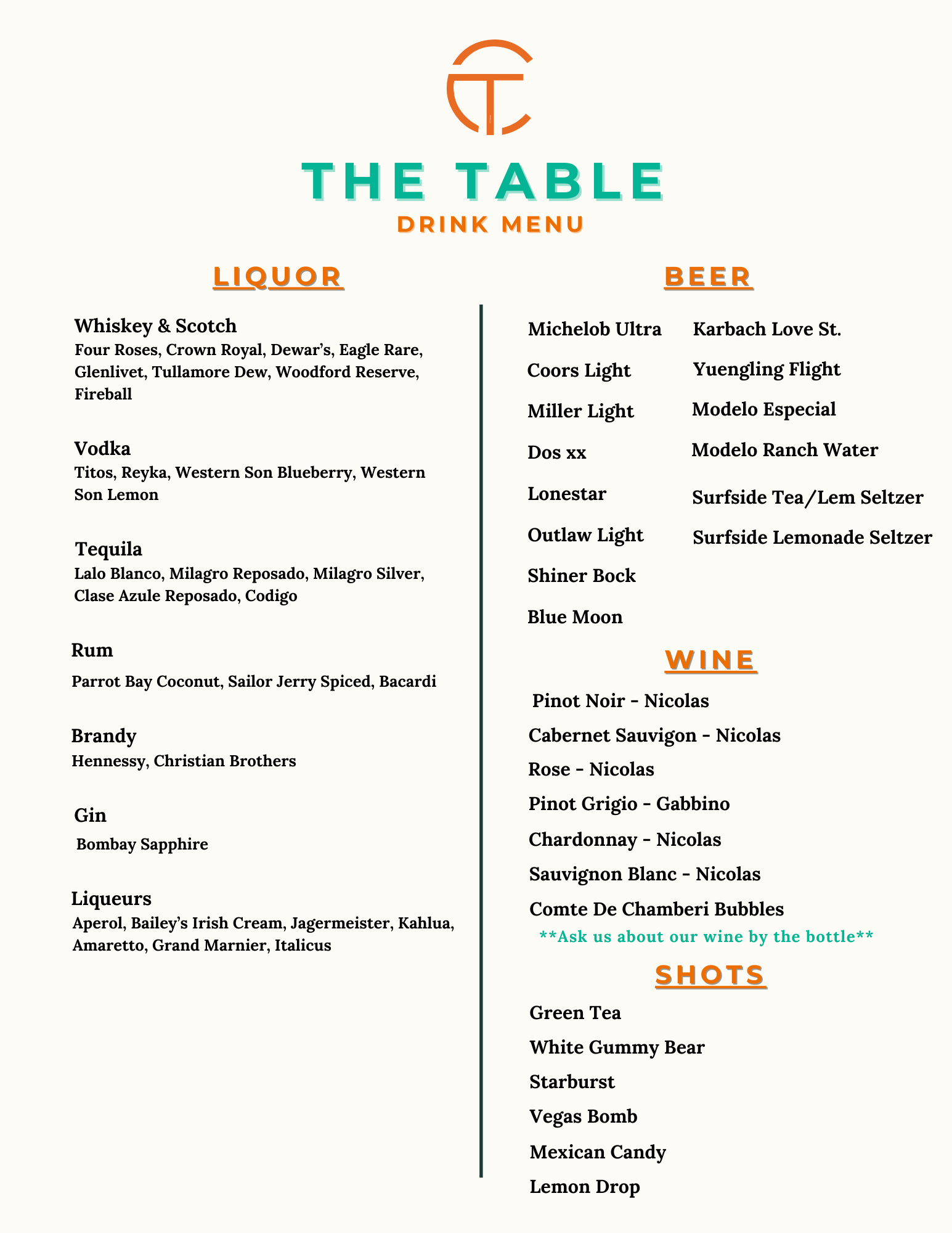 Conroe Table drink menu featuring cocktails, mocktails, and margaritas